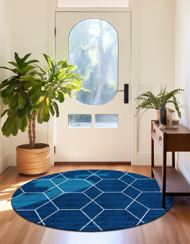 Navy Blue 4' 1 x 4' 1 Trellis Frieze Round Area Rug Geometric Modern Unique Stain Resistant Easy Clean Carpet for Living, Dining, Bedrooms, Office for Sale at Rug Engine