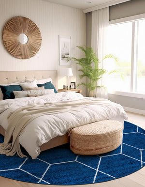 Navy Blue 4' 1 x 4' 1 Trellis Frieze Round Area Rug Geometric Modern Unique Stain Resistant Easy Clean Carpet for Living, Dining, Bedrooms, Office for Sale at Rug Engine