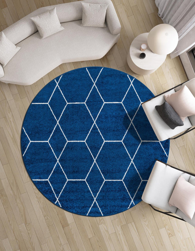 Navy Blue 4' 1 x 4' 1 Trellis Frieze Round Area Rug Geometric Modern Unique Stain Resistant Easy Clean Carpet for Living, Dining, Bedrooms, Office for Sale at Rug Engine