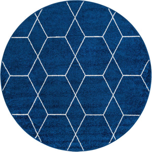 Navy Blue 4' 1 x 4' 1 Trellis Frieze Round Area Rug Geometric Modern Unique Stain Resistant Easy Clean Carpet for Living, Dining, Bedrooms, Office for Sale at Rug Engine