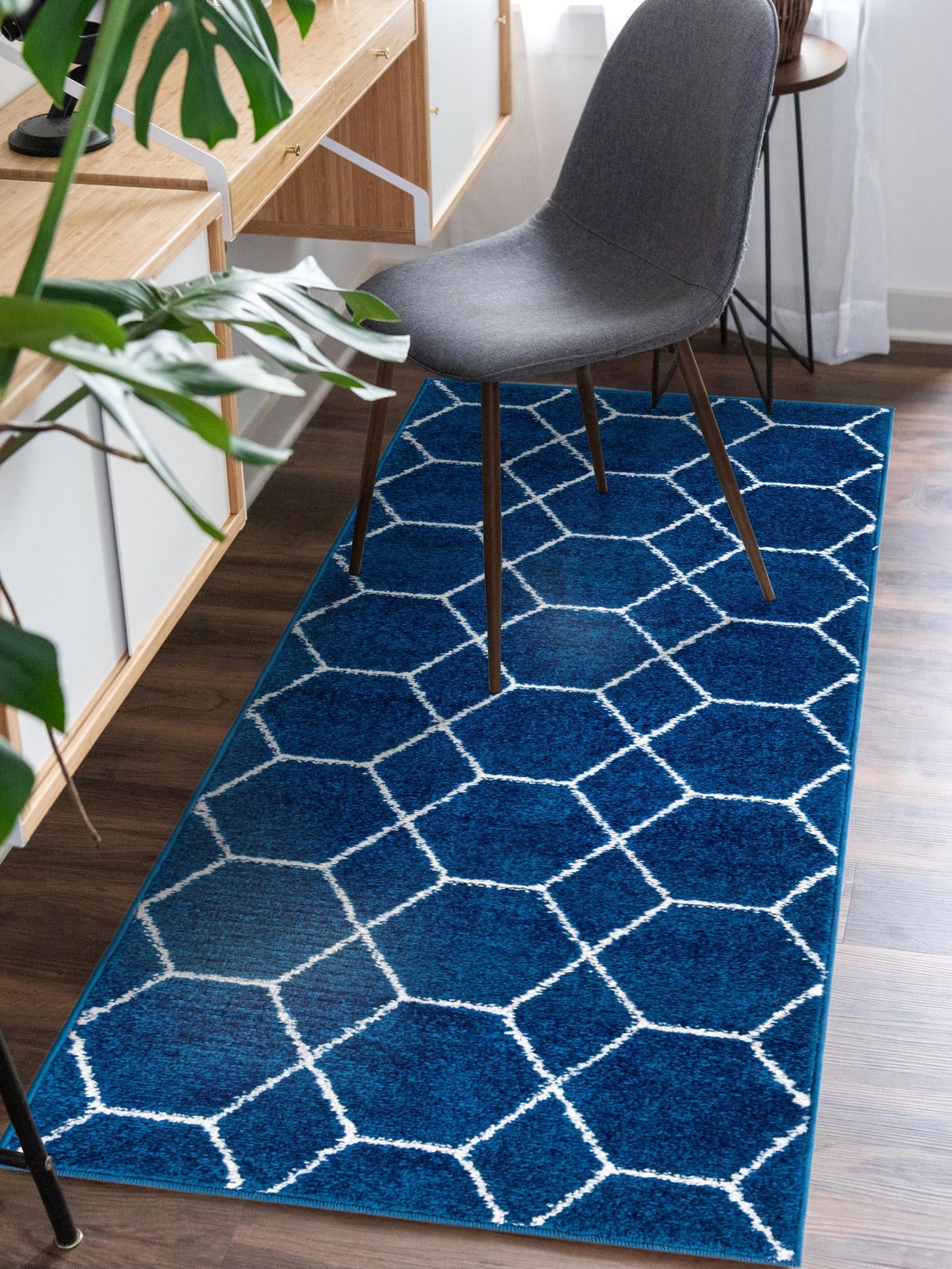 Navy Blue 2' x 6' 1 Trellis Frieze Runner Area Rug Geometric Modern Unique Stain Resistant Easy Clean Carpet for Living, Dining, Bedrooms, Office for Sale at Rug Engine