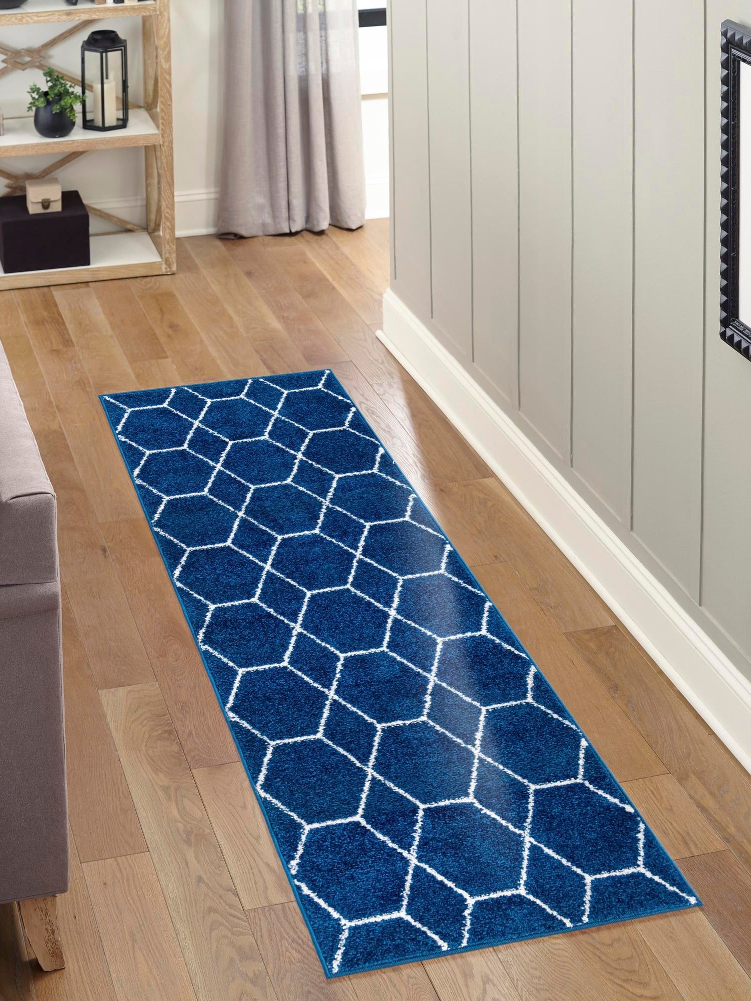 Navy Blue 2' x 6' 1 Trellis Frieze Runner Area Rug Geometric Modern Unique Stain Resistant Easy Clean Carpet for Living, Dining, Bedrooms, Office for Sale at Rug Engine