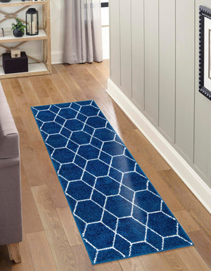 Navy Blue 2' x 6' 1 Trellis Frieze Runner Area Rug Geometric Modern Unique Stain Resistant Easy Clean Carpet for Living, Dining, Bedrooms, Office for Sale at Rug Engine