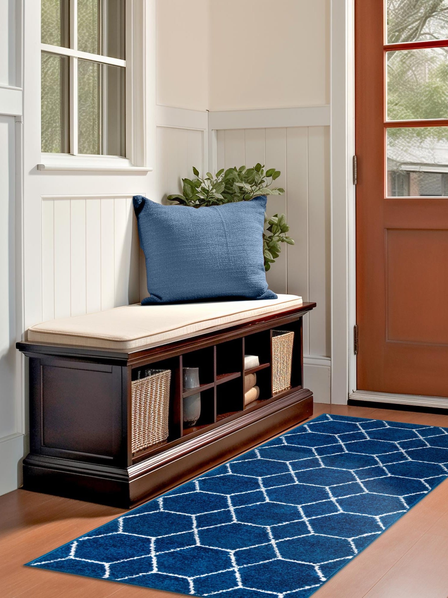 Navy Blue 2' x 13' 1 Trellis Frieze Runner Area Rug Geometric Modern Unique Stain Resistant Easy Clean Carpet for Living, Dining, Bedrooms, Office for Sale at Rug Engine