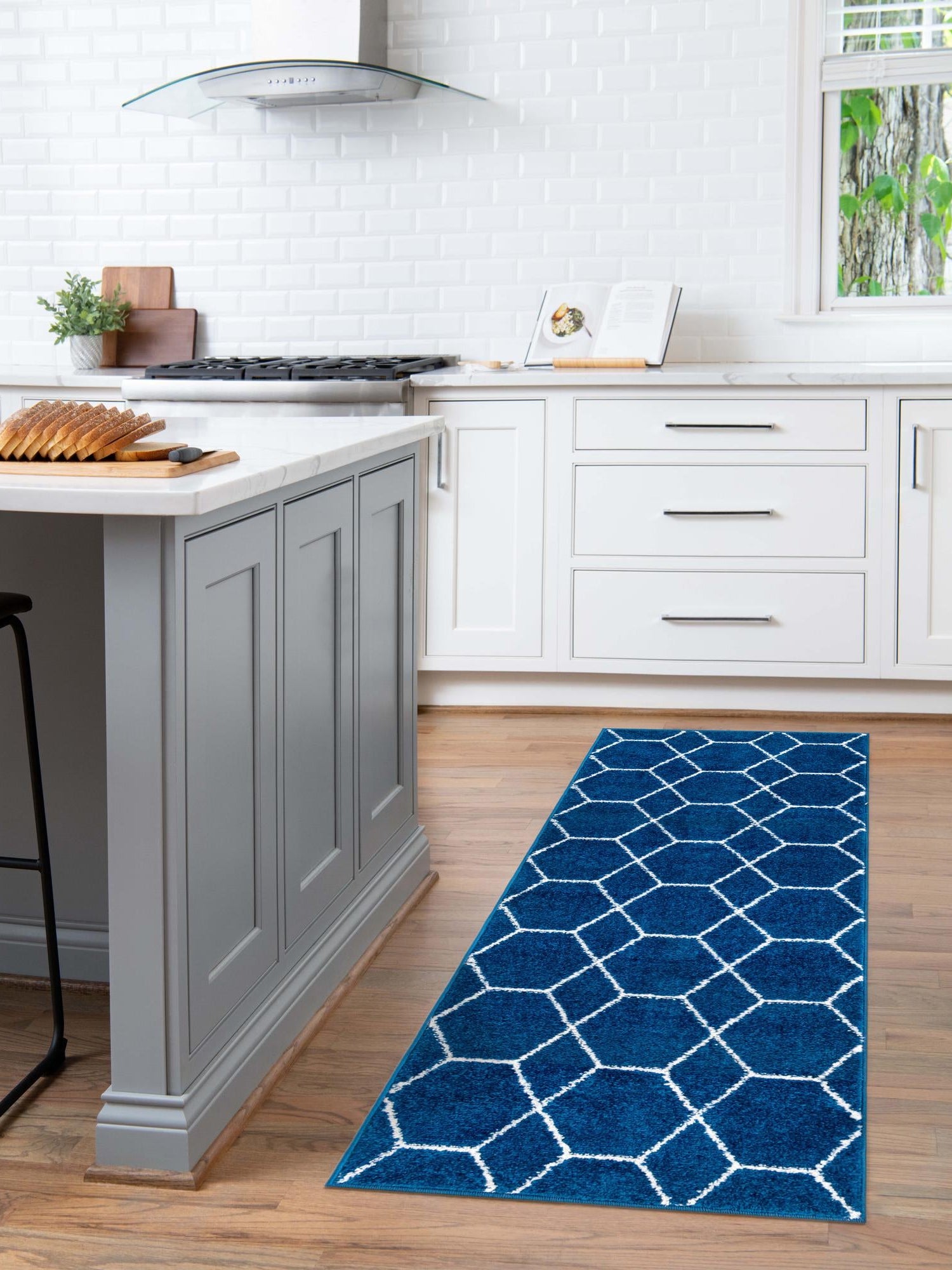 Navy Blue 2' x 13' 1 Trellis Frieze Runner Area Rug Geometric Modern Unique Stain Resistant Easy Clean Carpet for Living, Dining, Bedrooms, Office for Sale at Rug Engine