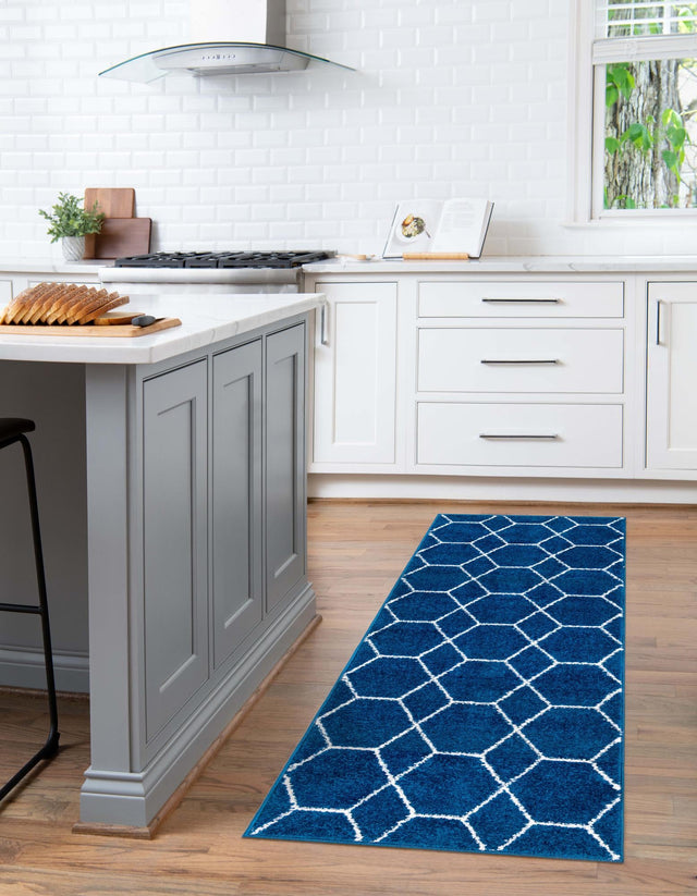 Navy Blue 2' x 13' 1 Trellis Frieze Runner Area Rug Geometric Modern Unique Stain Resistant Easy Clean Carpet for Living, Dining, Bedrooms, Office for Sale at Rug Engine