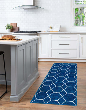 Navy Blue 2' x 6' 1 Trellis Frieze Runner Area Rug Geometric Modern Unique Stain Resistant Easy Clean Carpet for Living, Dining, Bedrooms, Office for Sale at Rug Engine