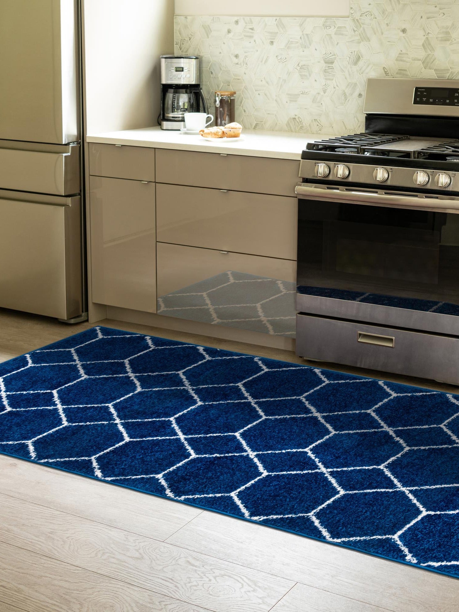 Navy Blue 2' x 6' 1 Trellis Frieze Runner Area Rug Geometric Modern Unique Stain Resistant Easy Clean Carpet for Living, Dining, Bedrooms, Office for Sale at Rug Engine