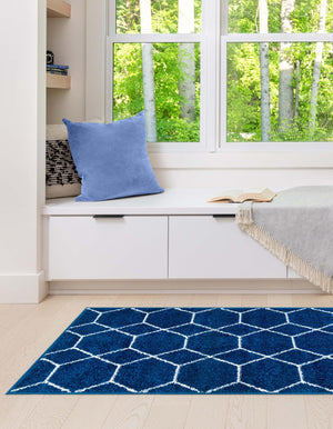 Navy Blue 2' x 6' 1 Trellis Frieze Runner Area Rug Geometric Modern Unique Stain Resistant Easy Clean Carpet for Living, Dining, Bedrooms, Office for Sale at Rug Engine