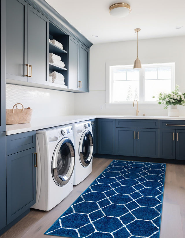 Navy Blue 2' x 13' 1 Trellis Frieze Runner Area Rug Geometric Modern Unique Stain Resistant Easy Clean Carpet for Living, Dining, Bedrooms, Office for Sale at Rug Engine