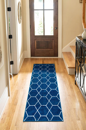 Navy Blue 2' x 6' 1 Trellis Frieze Runner Area Rug Geometric Modern Unique Stain Resistant Easy Clean Carpet for Living, Dining, Bedrooms, Office for Sale at Rug Engine