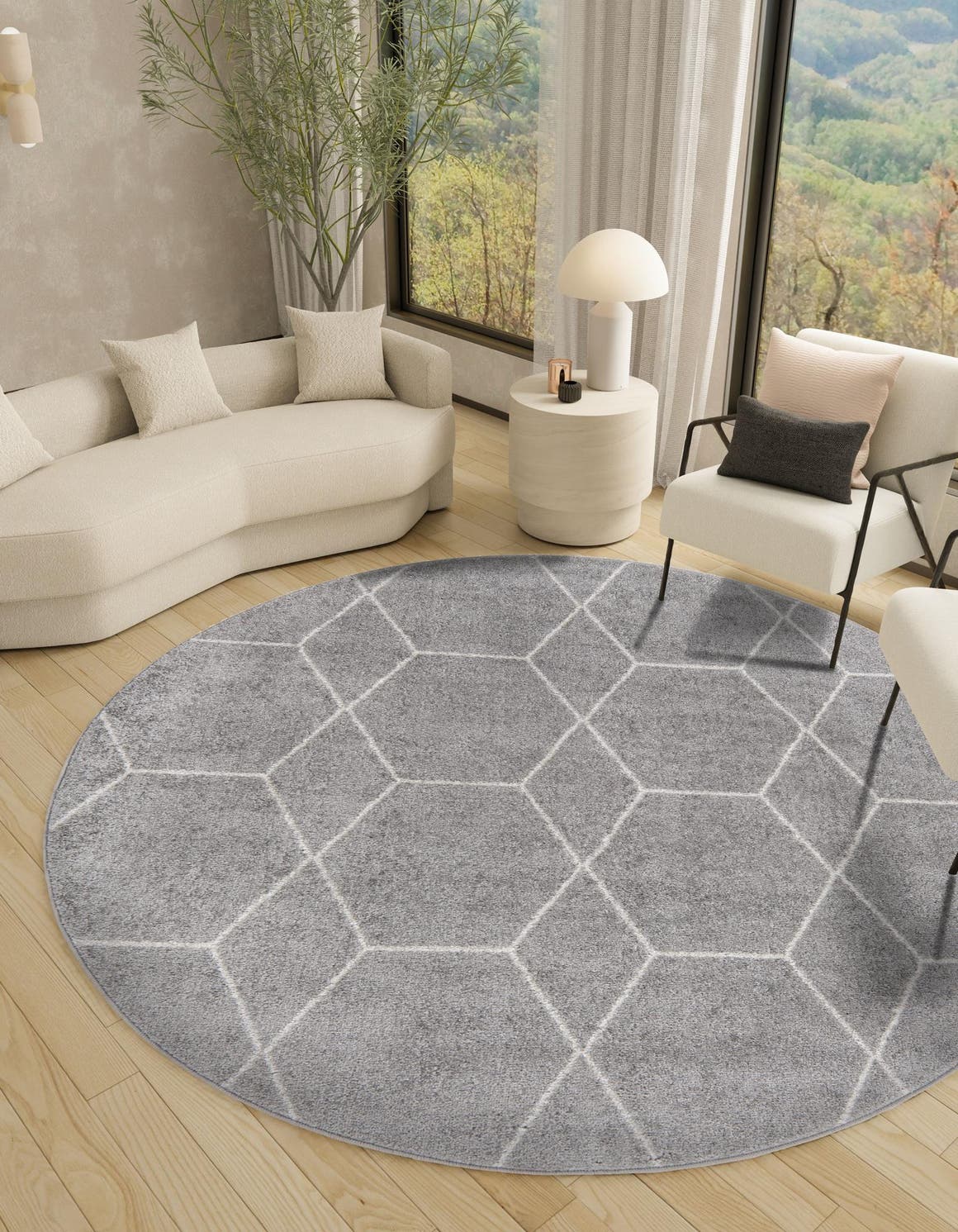 Light Gray 6' 1 x 6' 1 Trellis Frieze Round Area Rug Geometric Modern Unique Stain Resistant Easy Clean Carpet for Living, Dining, Bedrooms, Office for Sale at Rug Engine