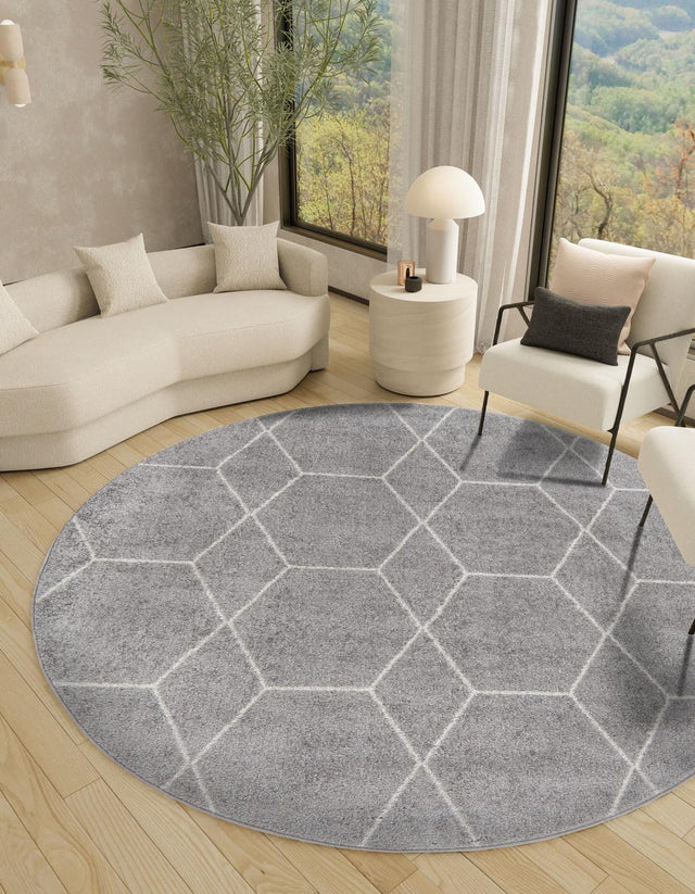 Light Gray 6' 1 x 6' 1 Trellis Frieze Round Area Rug Geometric Modern Unique Stain Resistant Easy Clean Carpet for Living, Dining, Bedrooms, Office for Sale at Rug Engine