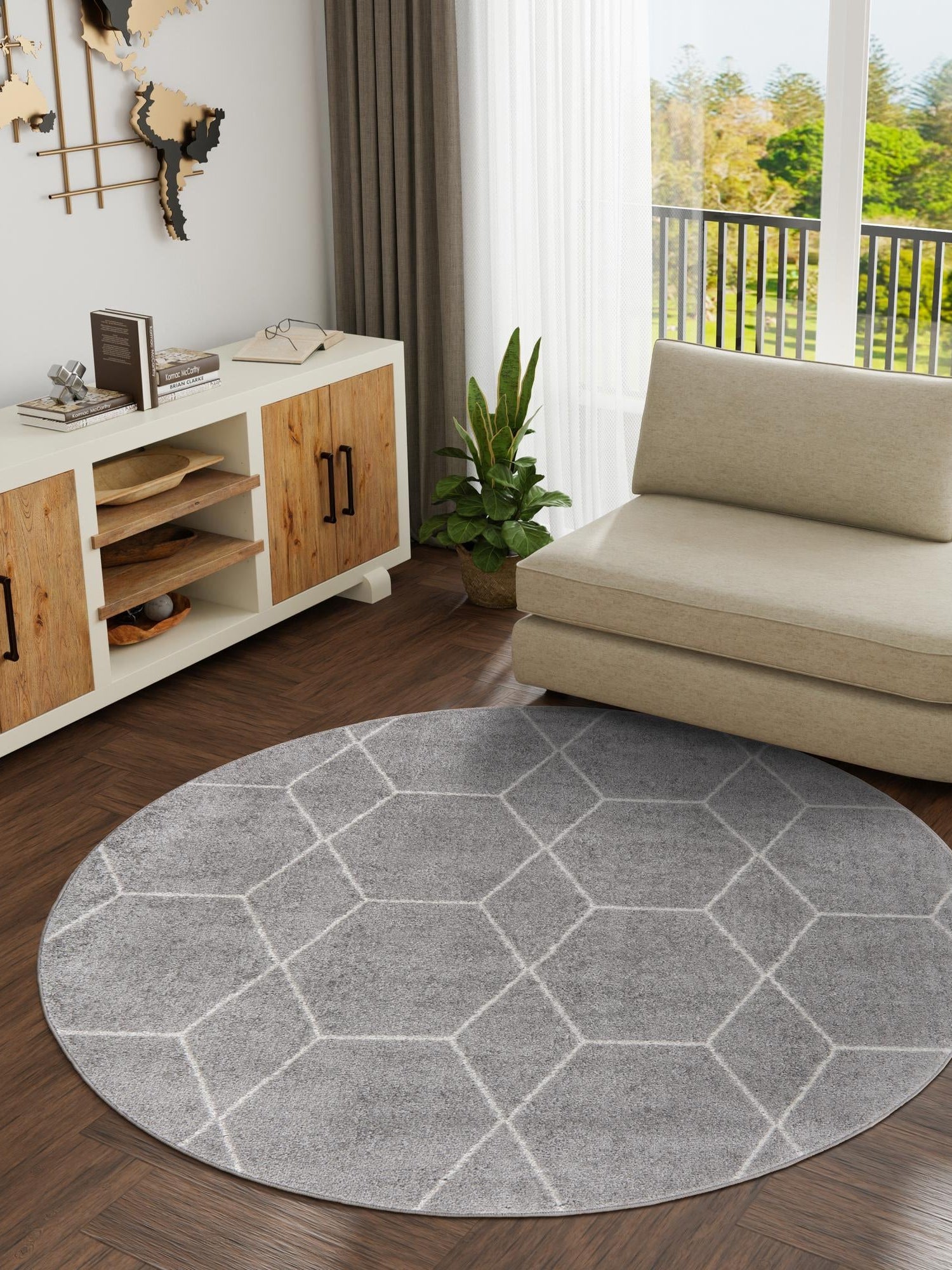Light Gray 6' 1 x 6' 1 Trellis Frieze Round Area Rug Geometric Modern Unique Stain Resistant Easy Clean Carpet for Living, Dining, Bedrooms, Office for Sale at Rug Engine