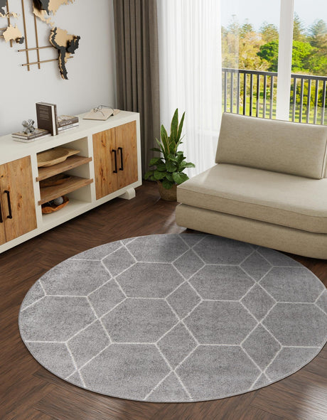 Light Gray 6' 1 x 6' 1 Trellis Frieze Round Area Rug Geometric Modern Unique Stain Resistant Easy Clean Carpet for Living, Dining, Bedrooms, Office for Sale at Rug Engine
