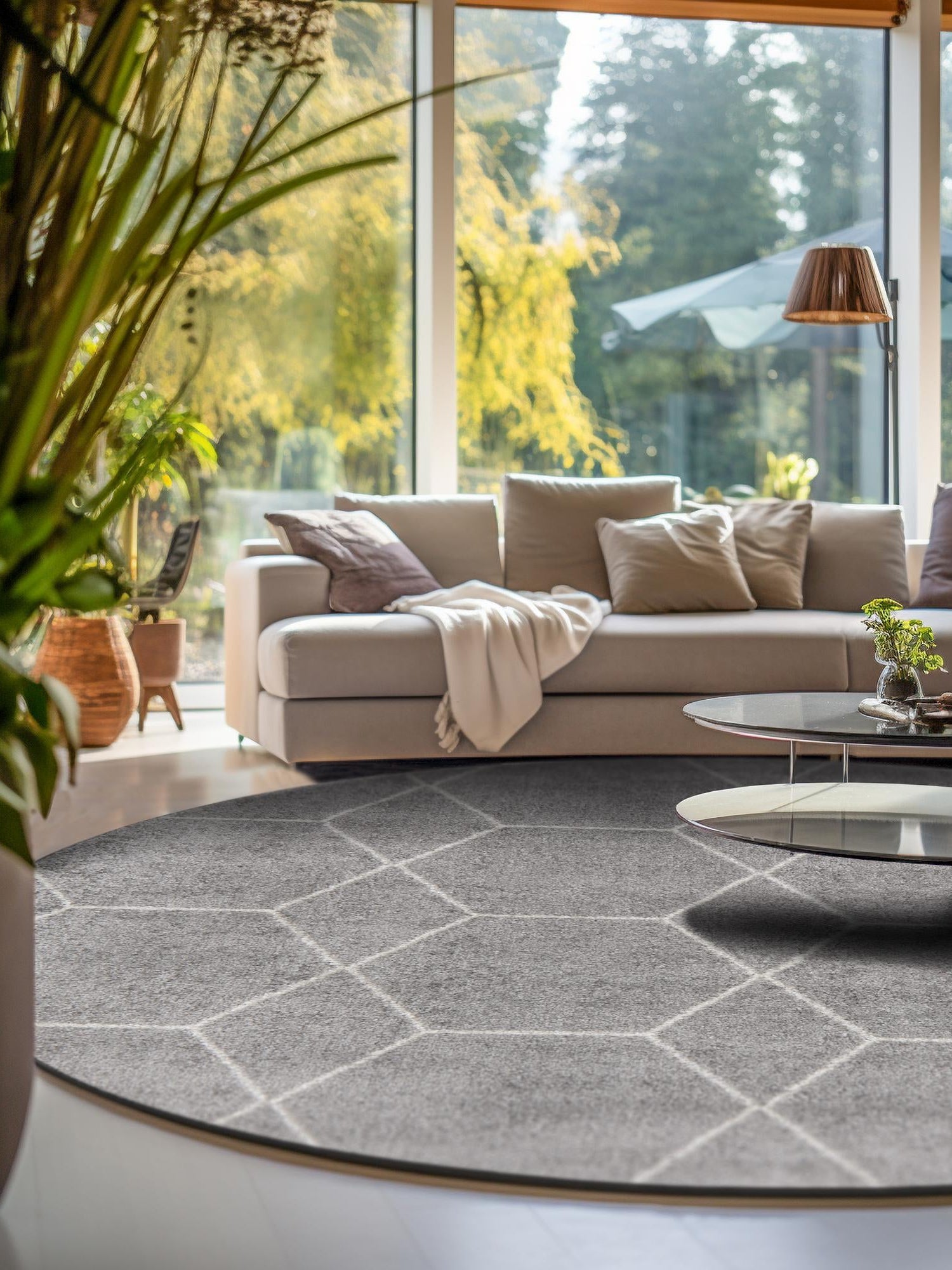 Light Gray 6' 1 x 6' 1 Trellis Frieze Round Area Rug Geometric Modern Unique Stain Resistant Easy Clean Carpet for Living, Dining, Bedrooms, Office for Sale at Rug Engine