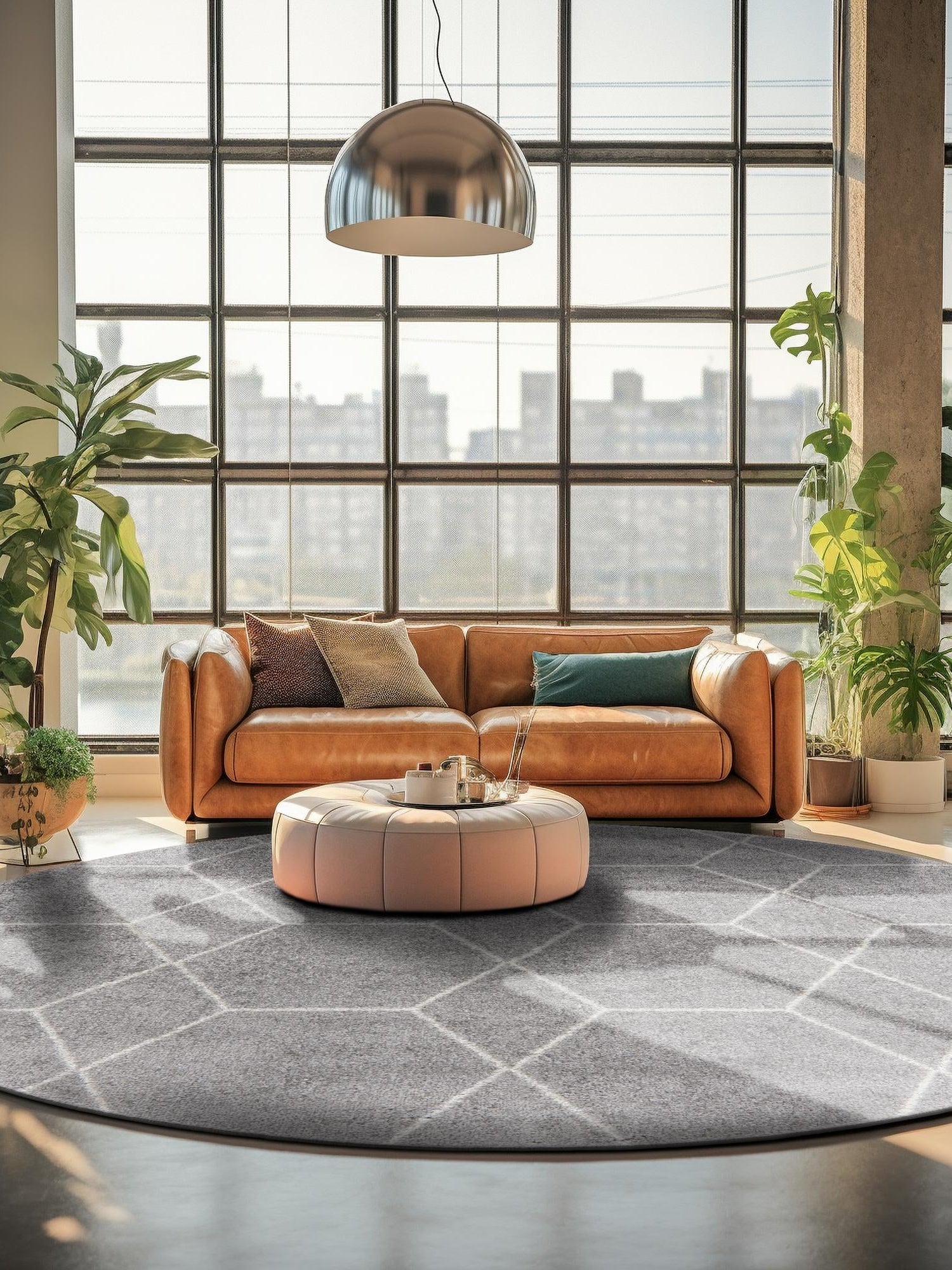 Light Gray 6' 1 x 6' 1 Trellis Frieze Round Area Rug Geometric Modern Unique Stain Resistant Easy Clean Carpet for Living, Dining, Bedrooms, Office for Sale at Rug Engine
