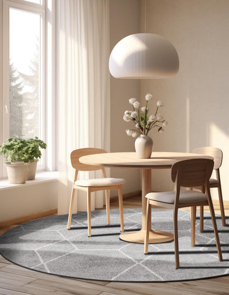 Light Gray 6' 1 x 6' 1 Trellis Frieze Round Area Rug Geometric Modern Unique Stain Resistant Easy Clean Carpet for Living, Dining, Bedrooms, Office for Sale at Rug Engine
