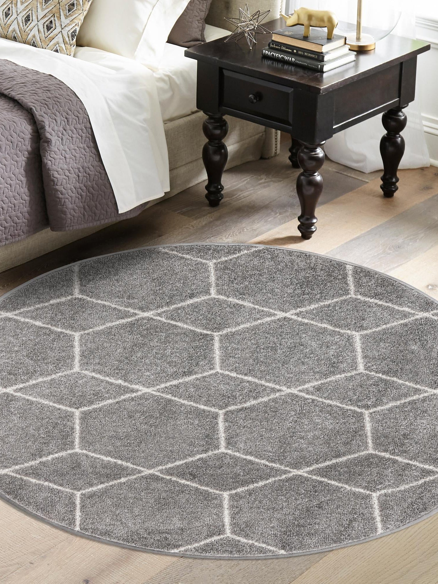 Light Gray 10' x 10' Trellis Frieze Round Area Rug Geometric Modern Unique Stain Resistant Easy Clean Carpet for Living, Dining, Bedrooms, Office for Sale at Rug Engine