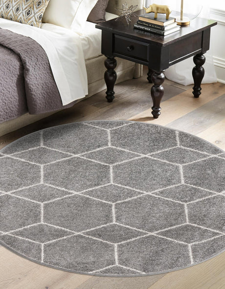Light Gray 6' 1 x 6' 1 Trellis Frieze Round Area Rug Geometric Modern Unique Stain Resistant Easy Clean Carpet for Living, Dining, Bedrooms, Office for Sale at Rug Engine