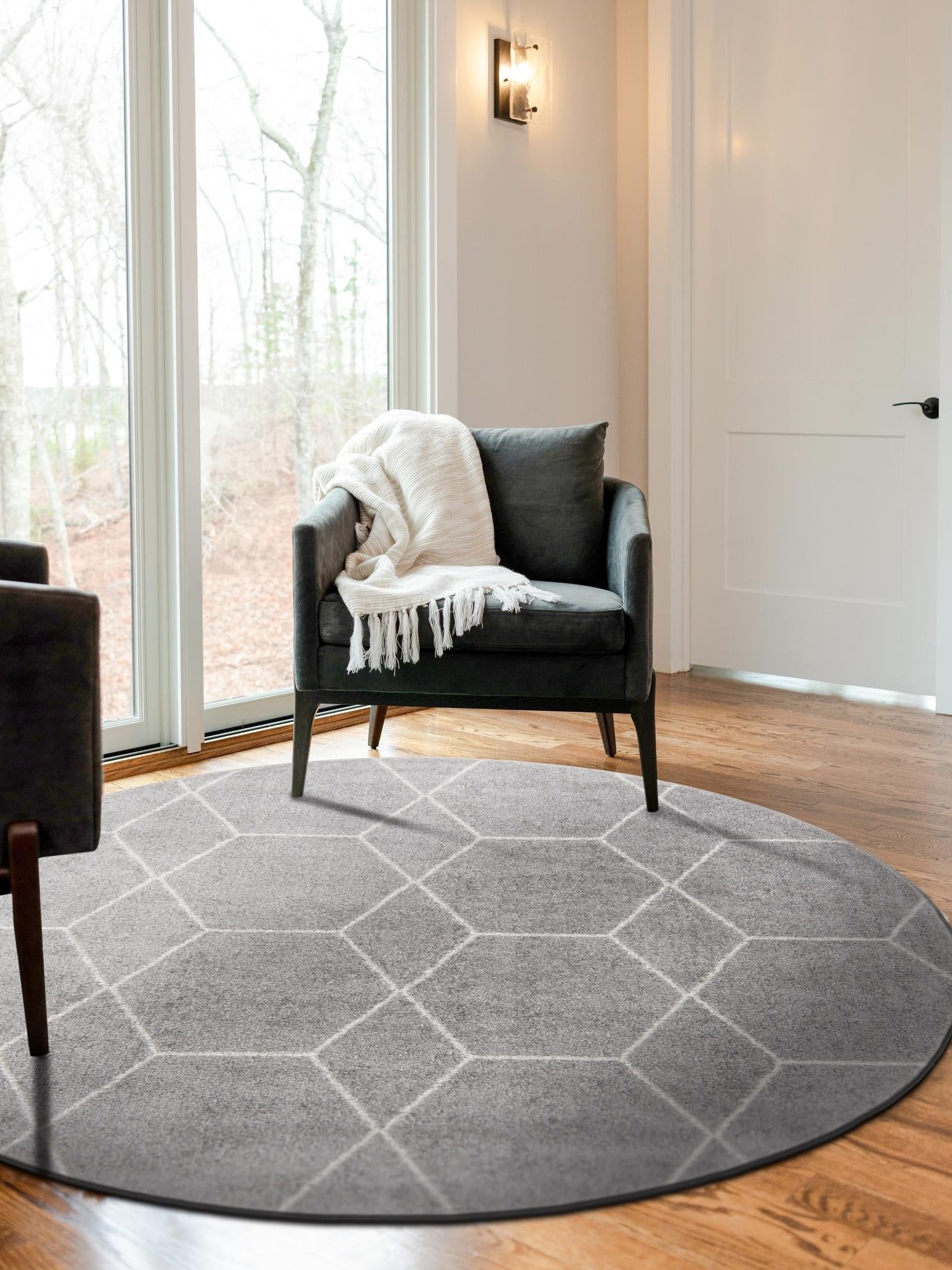 Light Gray 10' x 10' Trellis Frieze Round Area Rug Geometric Modern Unique Stain Resistant Easy Clean Carpet for Living, Dining, Bedrooms, Office for Sale at Rug Engine