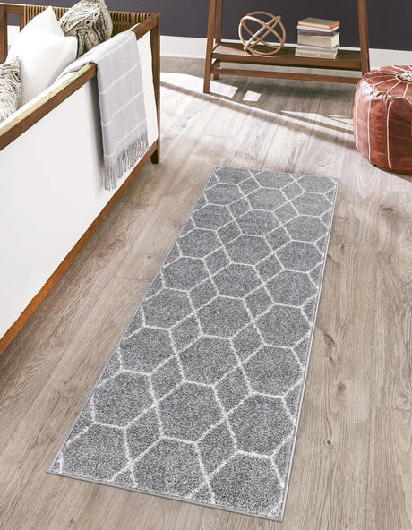 Light Gray 2' 7 x 12' Trellis Frieze Runner Area Rug Geometric Modern Unique Stain Resistant Easy Clean Carpet for Living, Dining, Bedrooms, Office for Sale at Rug Engine