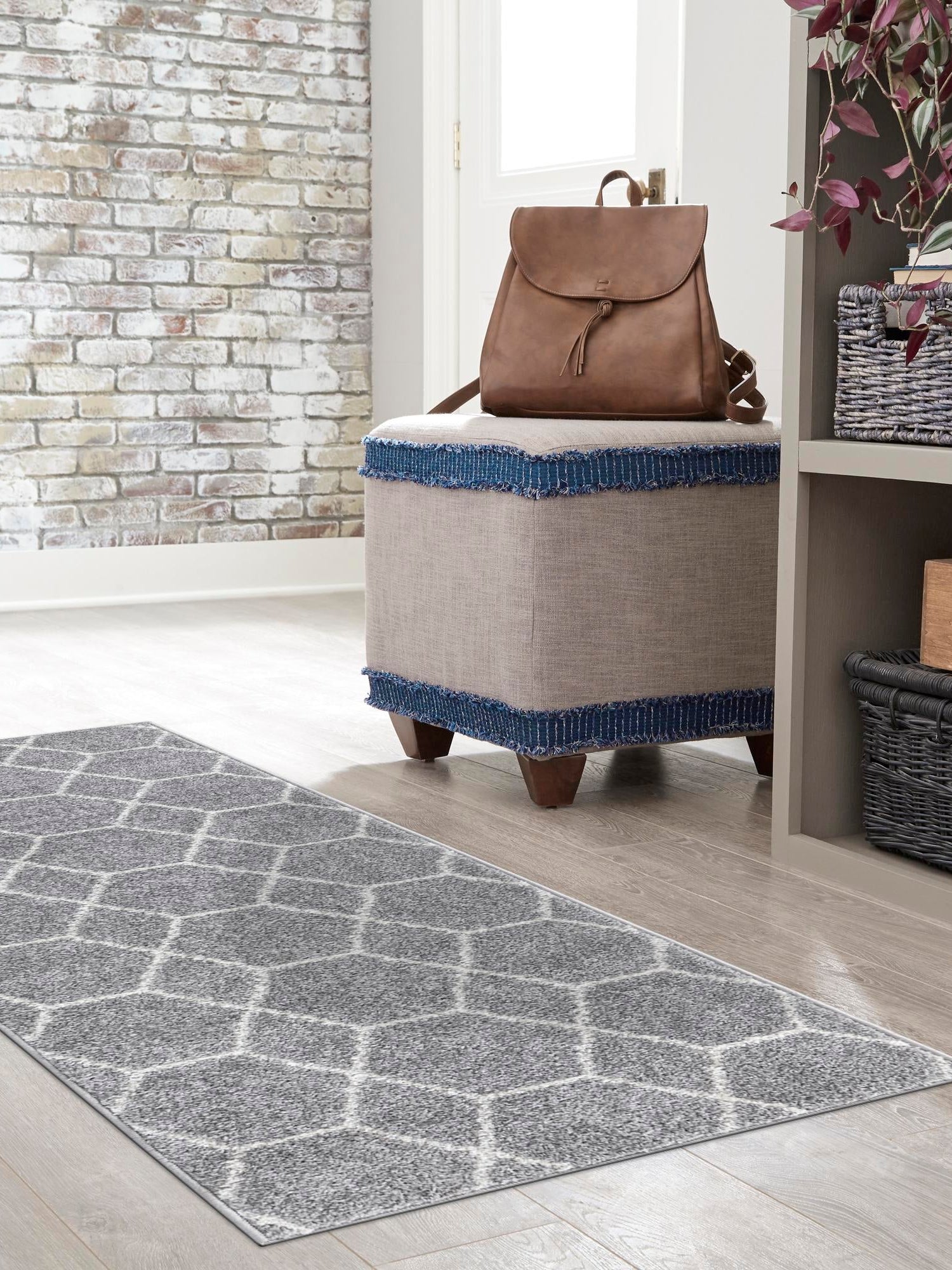 Light Gray 2' x 6' 1 Trellis Frieze Runner Area Rug Geometric Modern Unique Stain Resistant Easy Clean Carpet for Living, Dining, Bedrooms, Office for Sale at Rug Engine