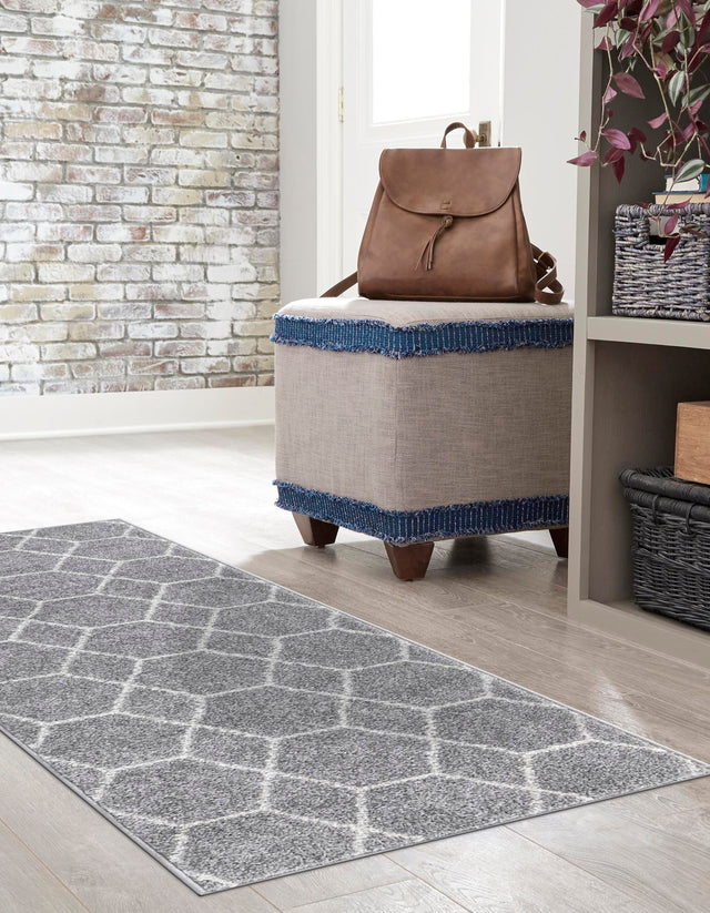 Light Gray 2' 7 x 12' Trellis Frieze Runner Area Rug Geometric Modern Unique Stain Resistant Easy Clean Carpet for Living, Dining, Bedrooms, Office for Sale at Rug Engine