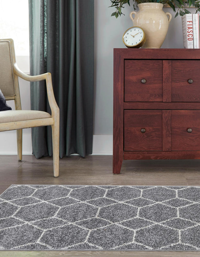 Light Gray 2' 7 x 12' Trellis Frieze Runner Area Rug Geometric Modern Unique Stain Resistant Easy Clean Carpet for Living, Dining, Bedrooms, Office for Sale at Rug Engine