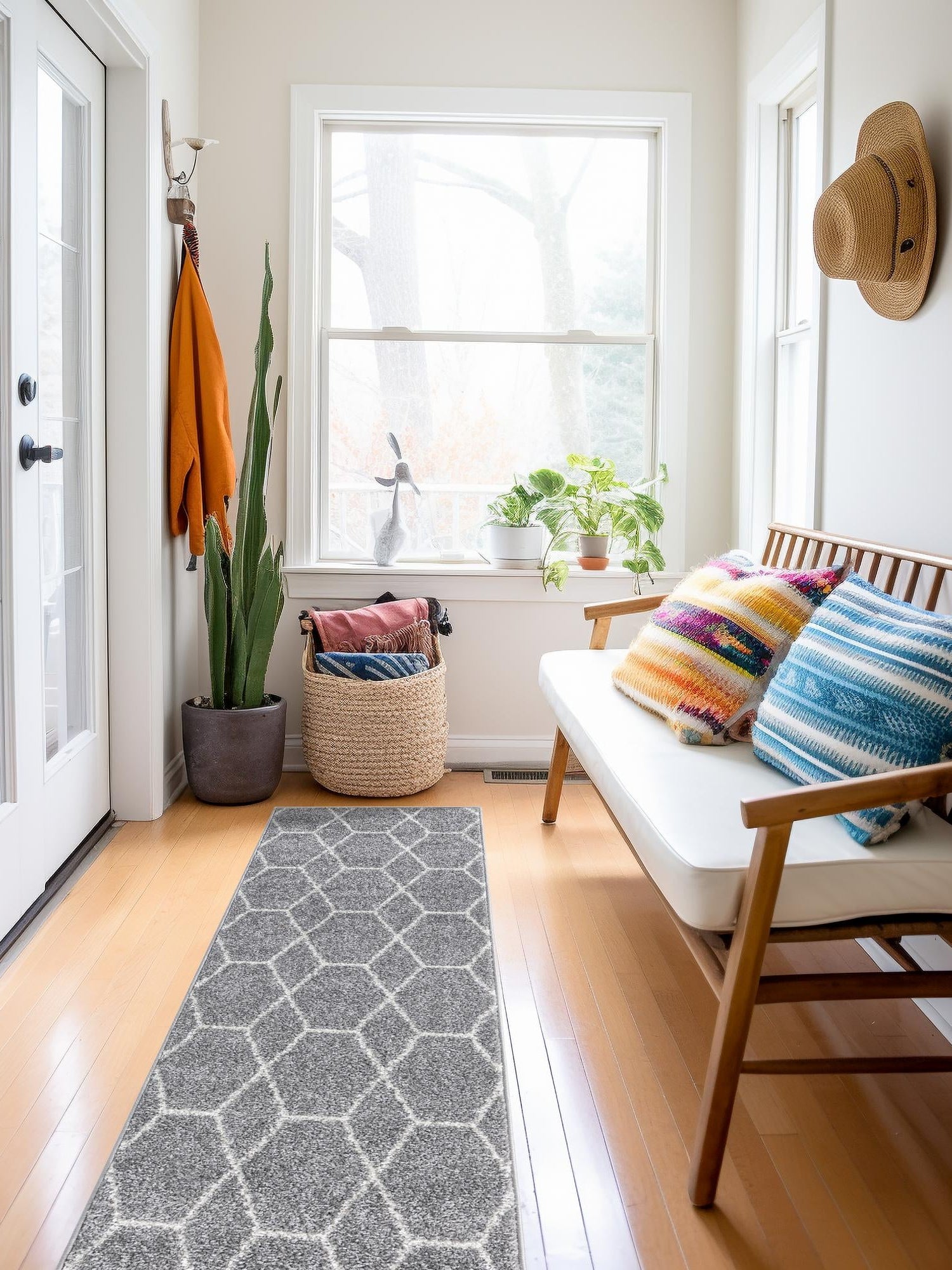 Light Gray 2' 7 x 12' Trellis Frieze Runner Area Rug Geometric Modern Unique Stain Resistant Easy Clean Carpet for Living, Dining, Bedrooms, Office for Sale at Rug Engine