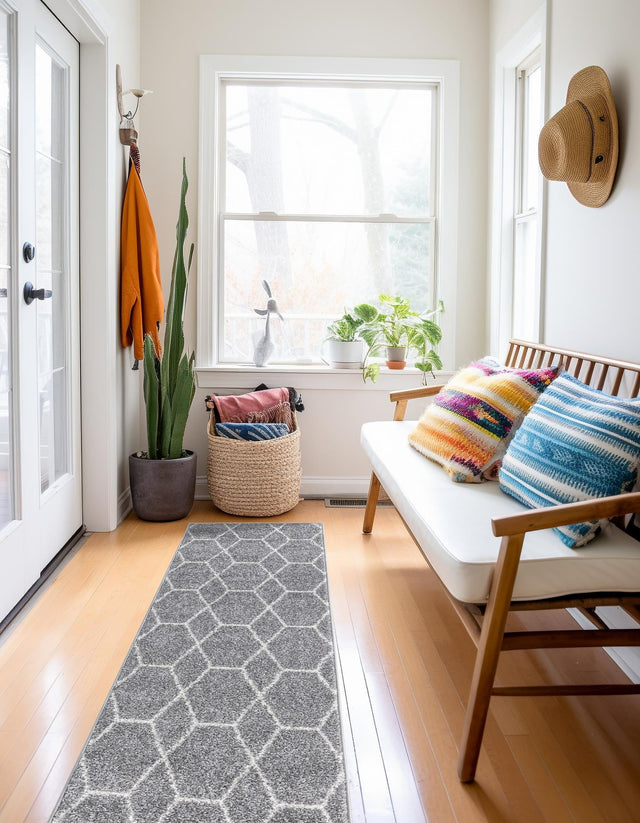 Light Gray 3' 3 x 16' 5 Trellis Frieze Runner Area Rug Geometric Modern Unique Stain Resistant Easy Clean Carpet for Living, Dining, Bedrooms, Office for Sale at Rug Engine