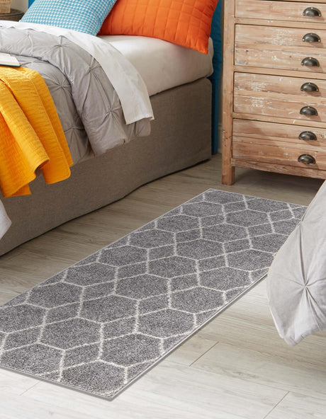 Light Gray 3' 3 x 16' 5 Trellis Frieze Runner Area Rug Geometric Modern Unique Stain Resistant Easy Clean Carpet for Living, Dining, Bedrooms, Office for Sale at Rug Engine