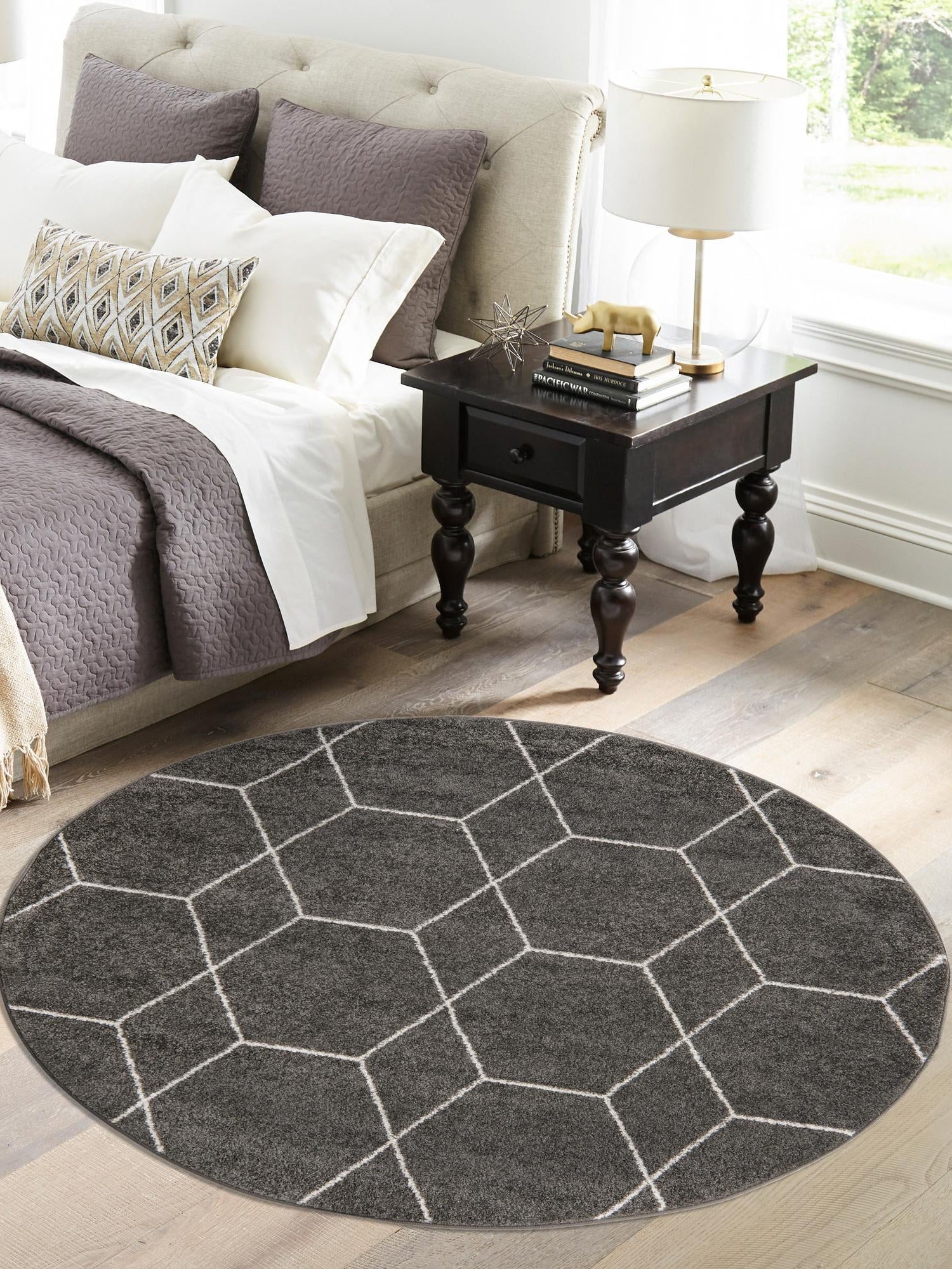 Dark Gray 12' x 12' Trellis Frieze Round Area Rug Geometric Modern Unique Stain Resistant Easy Clean Carpet for Living, Dining, Bedrooms, Office for Sale at Rug Engine
