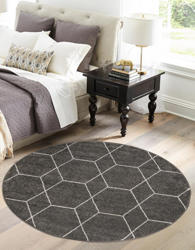 Dark Gray 6' 1 x 6' 1 Trellis Frieze Round Area Rug Geometric Modern Unique Stain Resistant Easy Clean Carpet for Living, Dining, Bedrooms, Office for Sale at Rug Engine