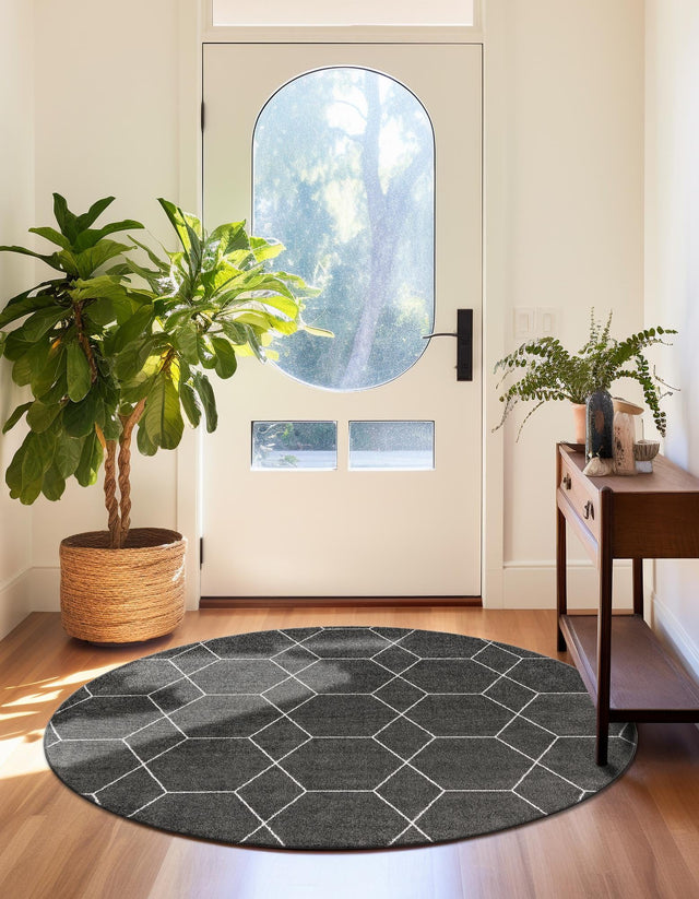 Dark Gray 5' 3 x 5' 3 Trellis Frieze Round Area Rug Geometric Modern Unique Stain Resistant Easy Clean Carpet for Living, Dining, Bedrooms, Office for Sale at Rug Engine