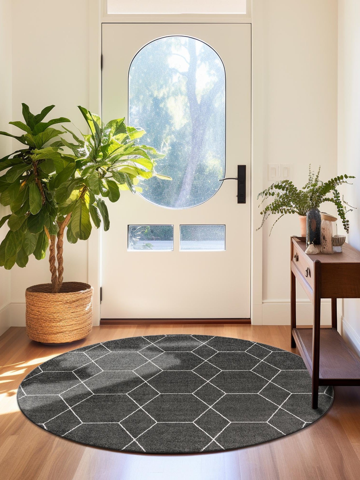 Dark Gray 10' x 10' Trellis Frieze Round Area Rug Geometric Modern Unique Stain Resistant Easy Clean Carpet for Living, Dining, Bedrooms, Office for Sale at Rug Engine