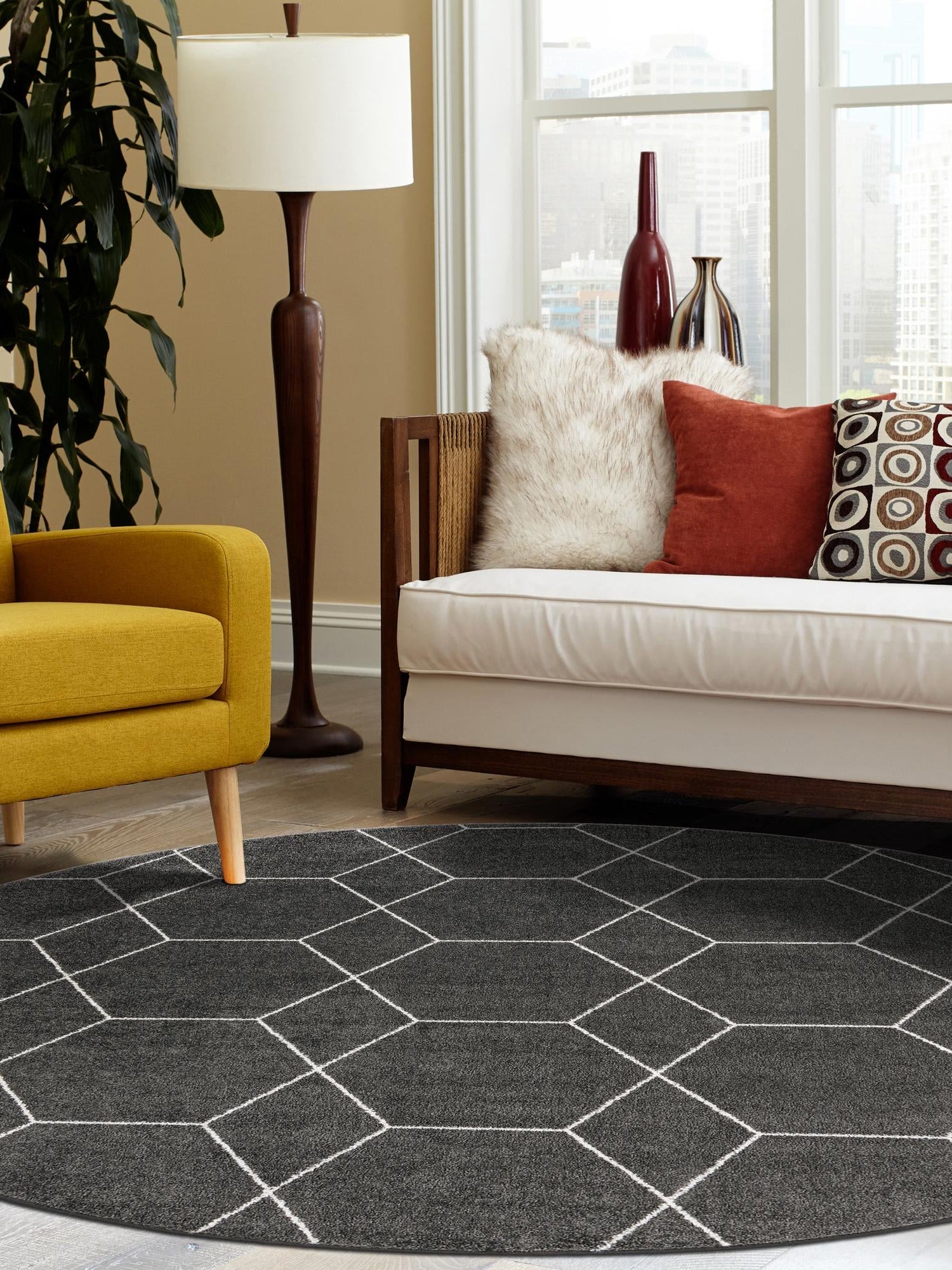 Dark Gray 10' x 10' Trellis Frieze Round Area Rug Geometric Modern Unique Stain Resistant Easy Clean Carpet for Living, Dining, Bedrooms, Office for Sale at Rug Engine