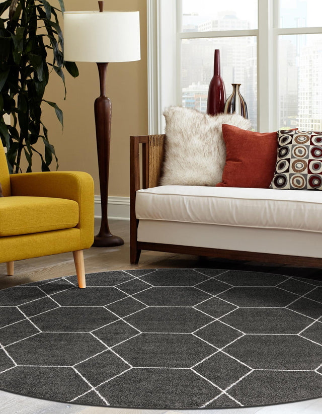 Dark Gray 10' x 10' Trellis Frieze Round Area Rug Geometric Modern Unique Stain Resistant Easy Clean Carpet for Living, Dining, Bedrooms, Office for Sale at Rug Engine