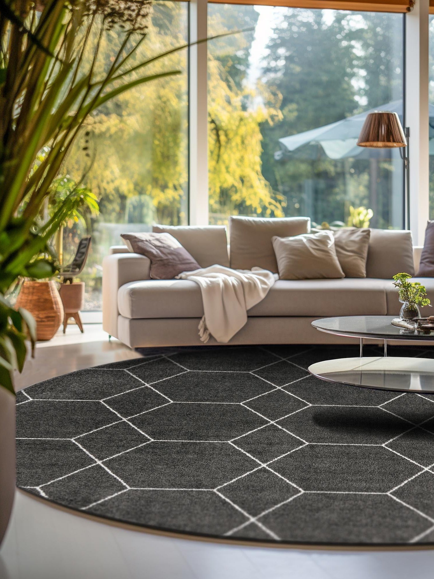 Dark Gray 3' 1 x 3' 1 Trellis Frieze Round Area Rug Geometric Modern Unique Stain Resistant Easy Clean Carpet for Living, Dining, Bedrooms, Office for Sale at Rug Engine