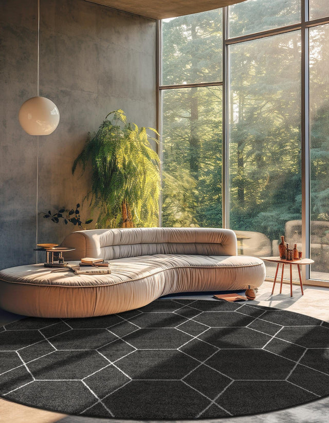 Dark Gray 6' 1 x 6' 1 Trellis Frieze Round Area Rug Geometric Modern Unique Stain Resistant Easy Clean Carpet for Living, Dining, Bedrooms, Office for Sale at Rug Engine