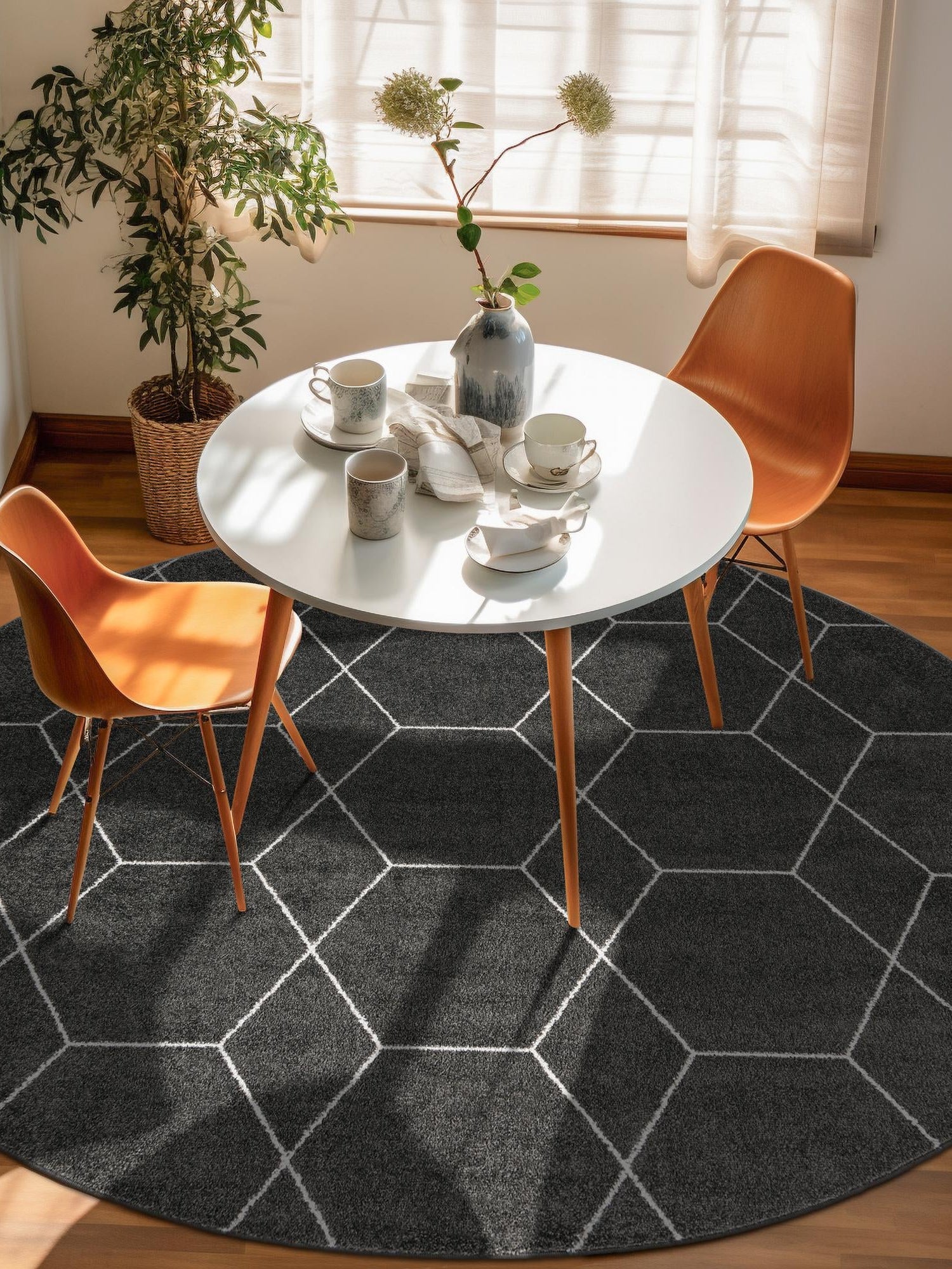 Dark Gray 6' 1 x 6' 1 Trellis Frieze Round Area Rug Geometric Modern Unique Stain Resistant Easy Clean Carpet for Living, Dining, Bedrooms, Office for Sale at Rug Engine