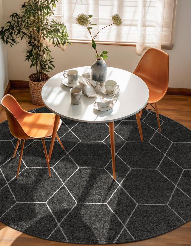 Dark Gray 6' 1 x 6' 1 Trellis Frieze Round Area Rug Geometric Modern Unique Stain Resistant Easy Clean Carpet for Living, Dining, Bedrooms, Office for Sale at Rug Engine