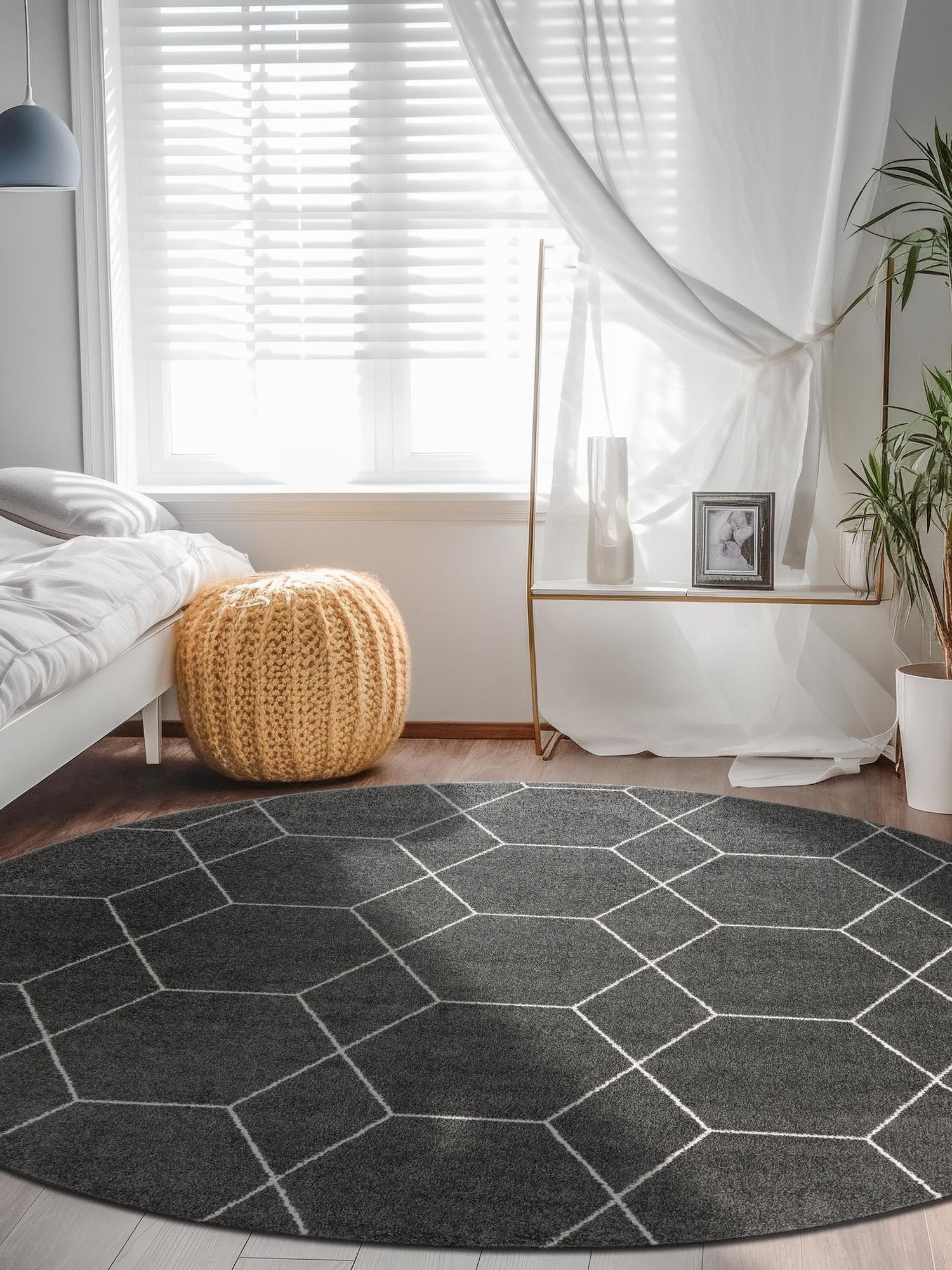 Dark Gray 12' x 12' Trellis Frieze Round Area Rug Geometric Modern Unique Stain Resistant Easy Clean Carpet for Living, Dining, Bedrooms, Office for Sale at Rug Engine
