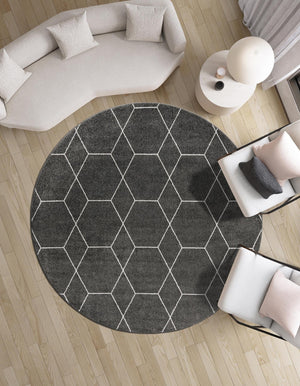 Dark Gray 4' 1 x 4' 1 Trellis Frieze Round Area Rug Geometric Modern Unique Stain Resistant Easy Clean Carpet for Living, Dining, Bedrooms, Office for Sale at Rug Engine