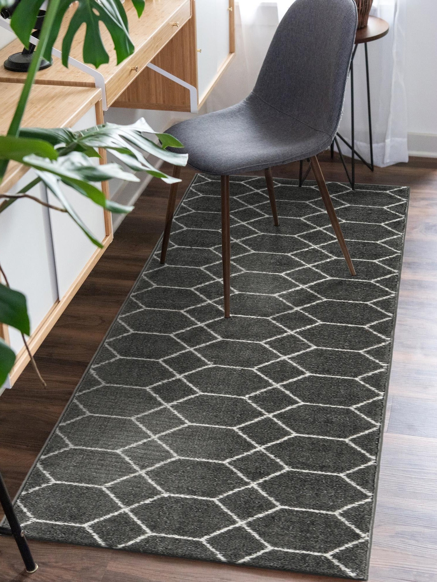 Dark Gray 2' x 10' Trellis Frieze Runner Area Rug Geometric Modern Unique Stain Resistant Easy Clean Carpet for Living, Dining, Bedrooms, Office for Sale at Rug Engine