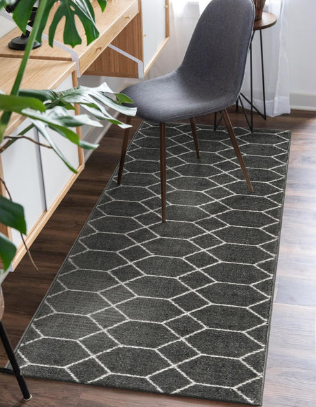 Dark Gray 2' x 10' Trellis Frieze Runner Area Rug Geometric Modern Unique Stain Resistant Easy Clean Carpet for Living, Dining, Bedrooms, Office for Sale at Rug Engine