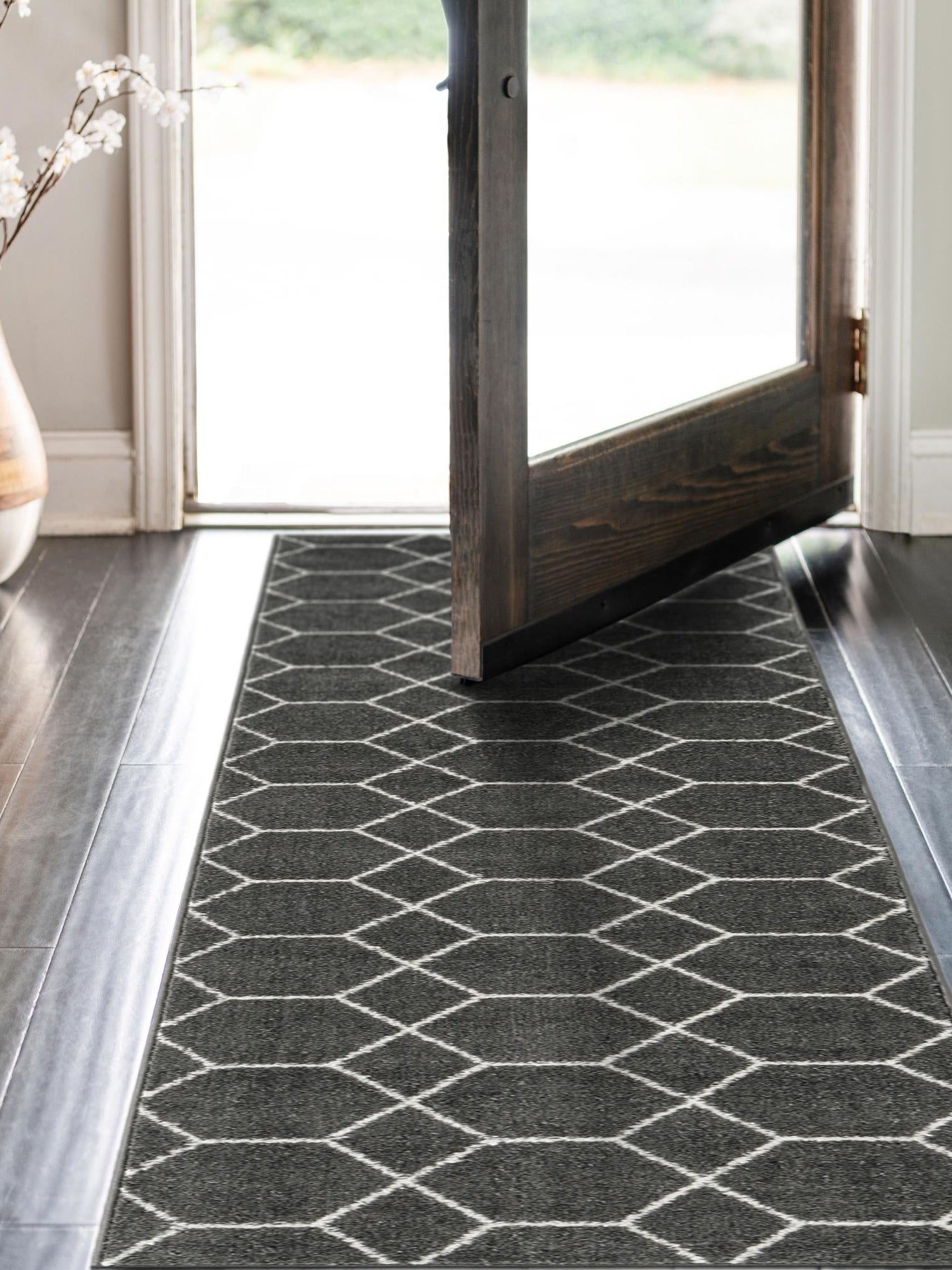 Dark Gray 2' x 10' Trellis Frieze Runner Area Rug Geometric Modern Unique Stain Resistant Easy Clean Carpet for Living, Dining, Bedrooms, Office for Sale at Rug Engine