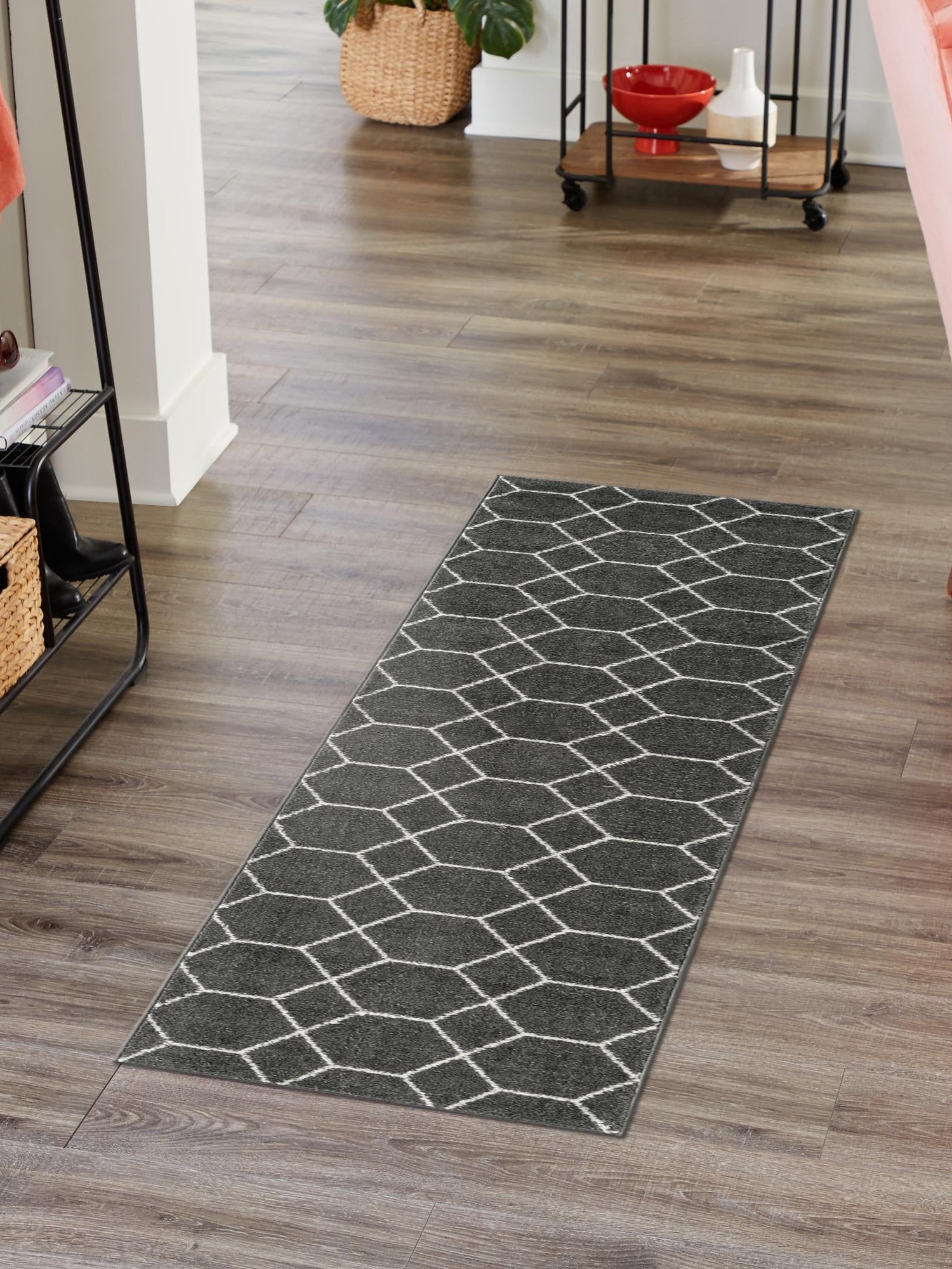 Dark Gray 2' x 10' Trellis Frieze Runner Area Rug Geometric Modern Unique Stain Resistant Easy Clean Carpet for Living, Dining, Bedrooms, Office for Sale at Rug Engine