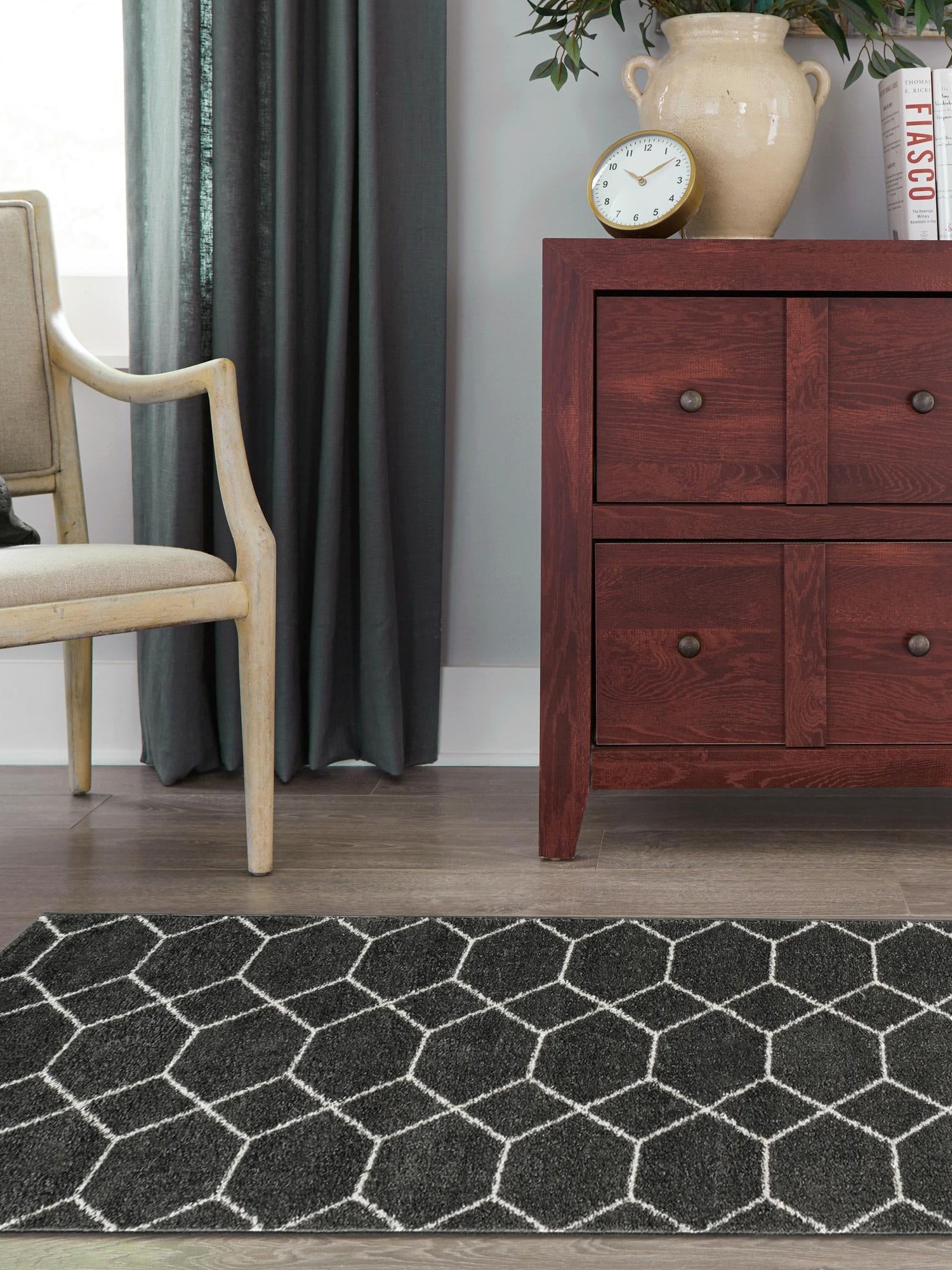 Dark Gray 2' x 10' Trellis Frieze Runner Area Rug Geometric Modern Unique Stain Resistant Easy Clean Carpet for Living, Dining, Bedrooms, Office for Sale at Rug Engine