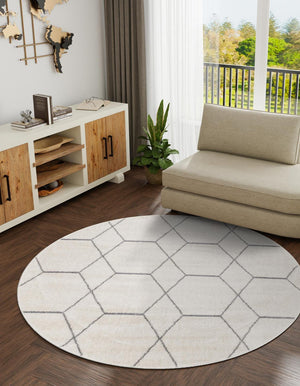 Ivory 4' 1 x 4' 1 Trellis Frieze Round Area Rug Geometric Modern Unique Stain Resistant Easy Clean Carpet for Living, Dining, Bedrooms, Office for Sale at Rug Engine